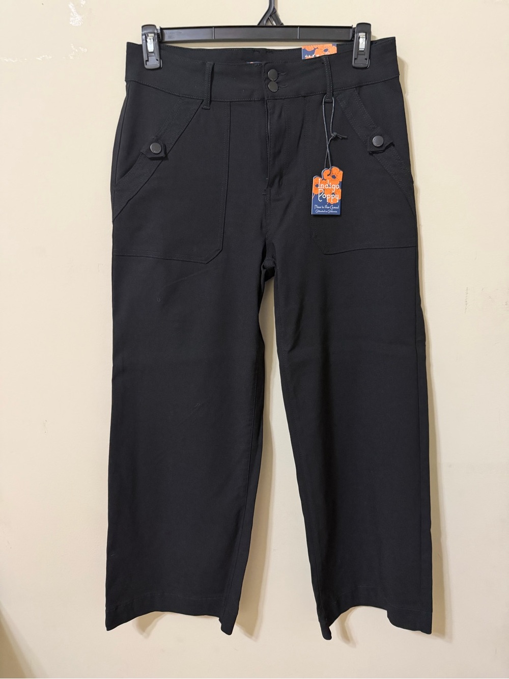 Indigo Poppy Black Wide-Leg Flare Jeans with Front Patch Pockets nwt stretch
